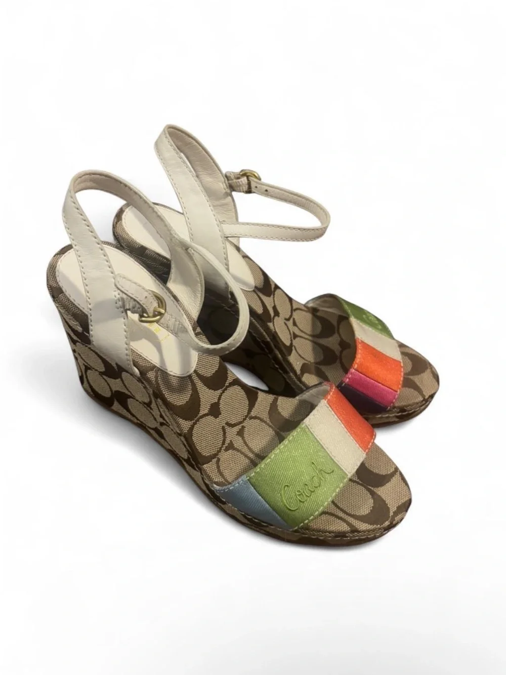 Coach Multicolor Signature Canvas Wedge Sandals - Cream, Brown & Rainbow